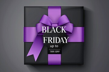 Black present box with a purple ribbon on a gray background, Black Friday sale banner template design with the text "BLACK FRIDAY" and a big white callout for an offer with the words