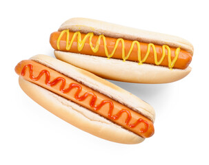 Tasty hot dogs with ketchup and mustard isolated on white, top view