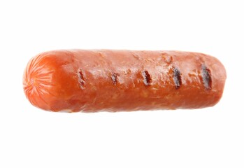 Tasty grilled sausage isolated on white. Ingredient for hot dog