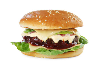 Tasty homemade cheeseburger with lettuce isolated on white