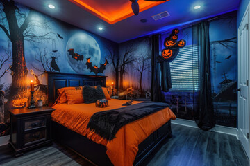 Exquisitely themed Halloween bedroom featuring wall art with witches and pumpkins under moody blue lighting