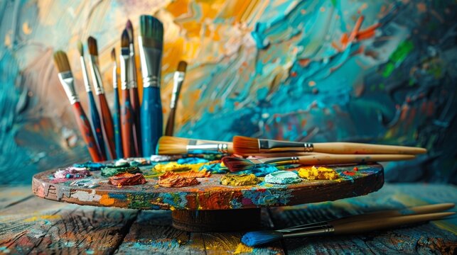 assorted paint brushes, palette, and vibrant acrylic paints on a wooden desk portray the idea of diy craft supplies