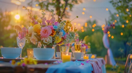 A large, long, decorated, wooden table and chairs, covered with a white tablecloth with dishes, flowers, candles, stands outdoor near the forest in nature. Wedding banquet. lights on background
