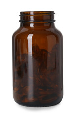 Softgel capsules in bottle isolated on white