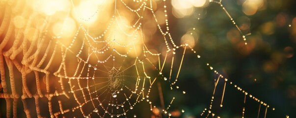 A spider web with a sun shining on it. The web is made of many small beads. The beads are reflecting the sun's light, creating a beautiful and intricate pattern - Powered by Adobe