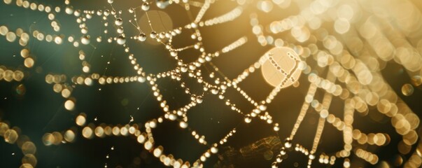 A spider web with a sun shining on it. The web is made of many small beads. The beads are reflecting the sun's light, creating a beautiful and intricate pattern