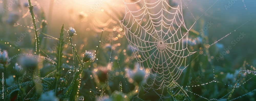 Wall mural a spider web is seen in a field of flowers. the web is very large and is spread across the entire fi