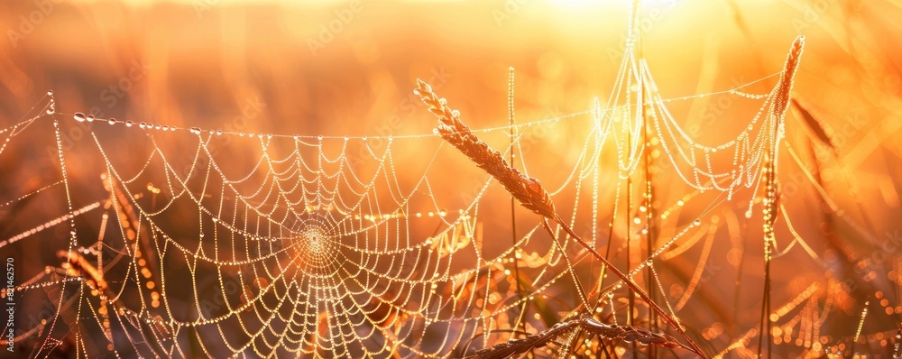 Wall mural a spider web is seen in a field of flowers. the web is very large and is spread across the entire fi
