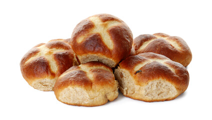 Pile of tasty hot cross buns isolated on white