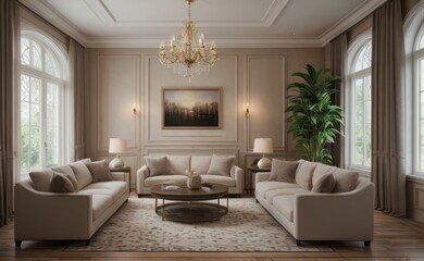 Elegant professional photograph of a white and gold luxury living room interior with a grand chandelier and lush greenery