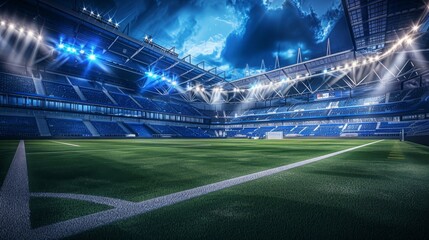 A picture of a soccer field with a stadium in the background. Can be used for sports events, stadiums, soccer matches, and outdoor activities