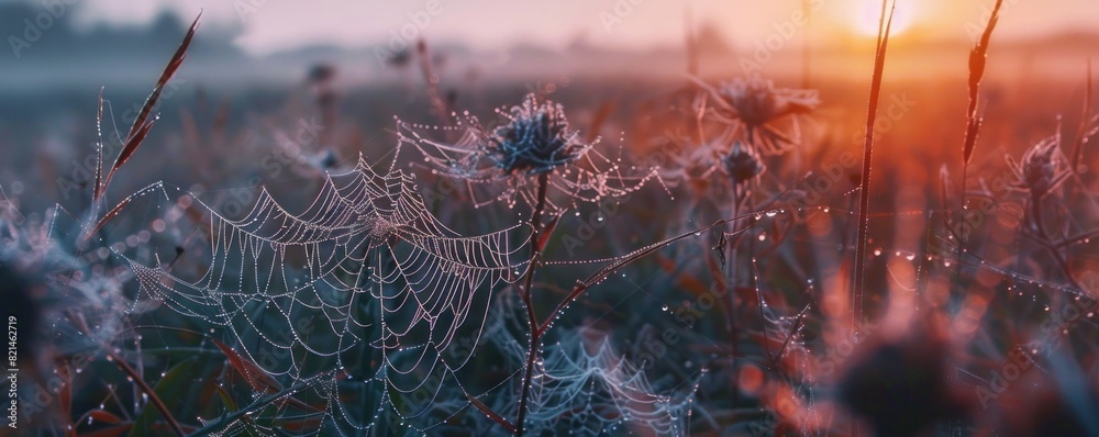 Wall mural a spider web is seen in a field of flowers. the web is very large and is spread across the entire fi