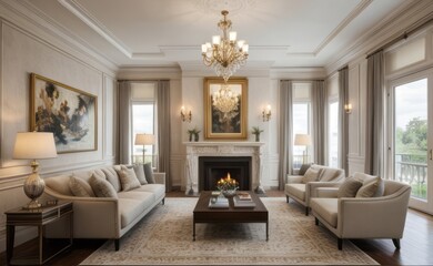 Elegant professional photograph of a white and gold luxury living room interior with a grand chandelier and lush greenery