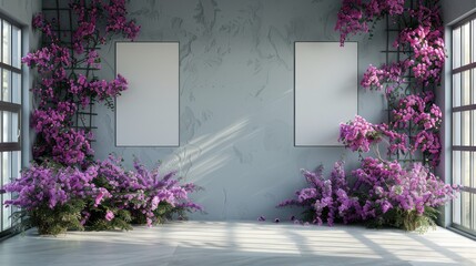 Minimalist wedding interior with blank posters and beautiful purple flowers on the walls