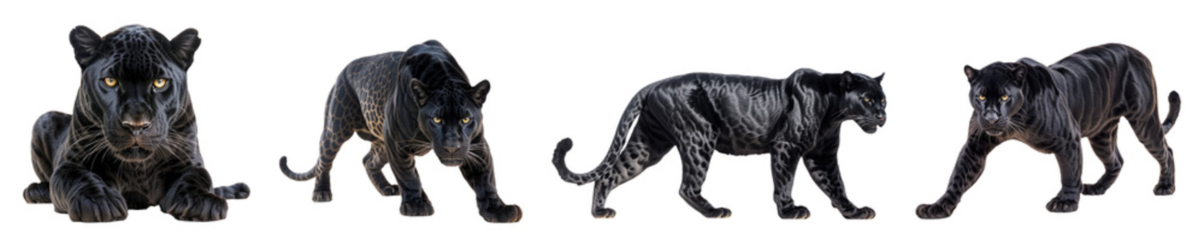 Black panther collection png, different poses set like side view, walking, sitting and front shot isolated on a white or transparent background hd