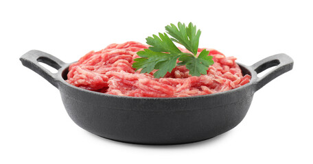 Raw ground meat and parsley in bowl isolated on white