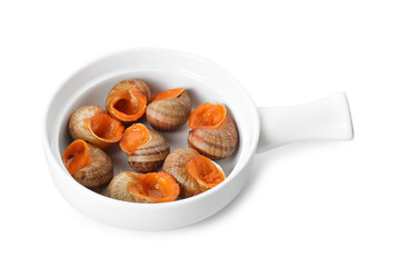 Many delicious cooked snails isolated on white