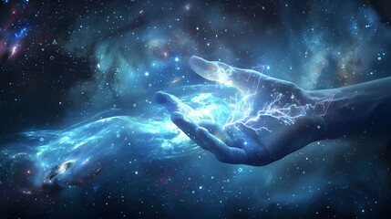 Illustrate a spiritual hand manipulating the wiring diagram of the universe channeling cosmic energy
