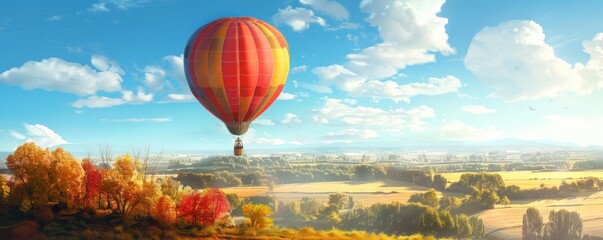 Obraz premium A colorful hot air balloon is flying over a beautiful landscape with mountains in the background. The scene is peaceful and serene, with the hot air balloon adding a sense of adventure