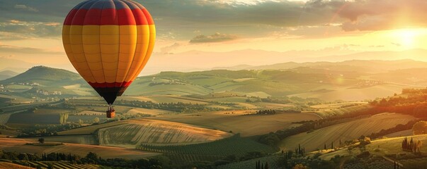 Obraz premium A colorful hot air balloon is flying over a beautiful landscape with mountains in the background. The scene is peaceful and serene, with the hot air balloon adding a sense of adventure