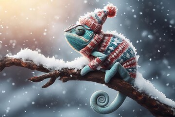 a chameleon is sitting on a branch in the snow, digital art, sweater, chameleon, mobile wallpaper, animal wearing a hat