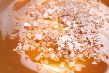 Delicious caramel sauce with sea salt as background, closeup