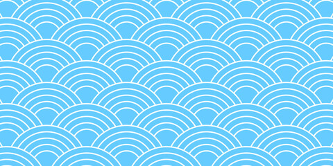 Blue and white Japanese seigaiha pattern. Sea or ocean waves background. Scallops print. Fish squama or dragon scale. Simple geometric ornament with round shapes. Vector graphic illustration.