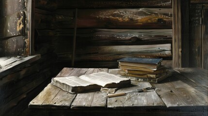 Old book on a wooden table in a rustic cabin