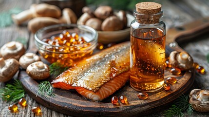 Fototapeta premium banner showing vitamin d sources fish, mushrooms, and supplements illustrates natural ways to get vitamin d for a balanced diet