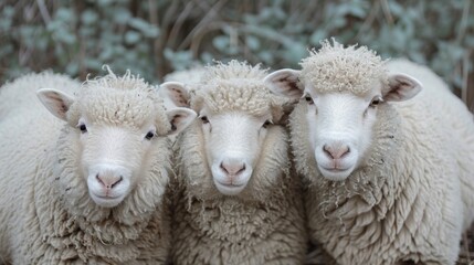 Obraz premium Three sheep standing together in a field with their heads turned, AI