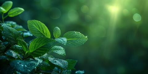 Close-up of fresh green leaves with morning dew under sunlight, showcasing the beauty of nature and peaceful environment.