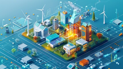 Obraz premium Futuristic smart city with renewable energy sources, advanced buildings, and modern infrastructure; concept of sustainable urban development.