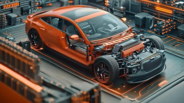isometric diagram of a cutaway modern EV car showing all the components,generative ai