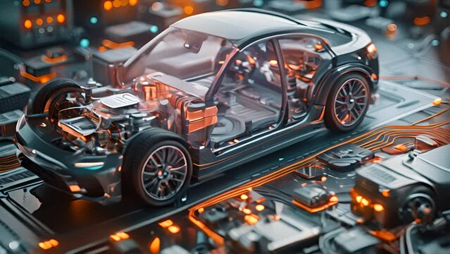 isometric diagram of a cutaway modern EV car showing all the components,generative ai