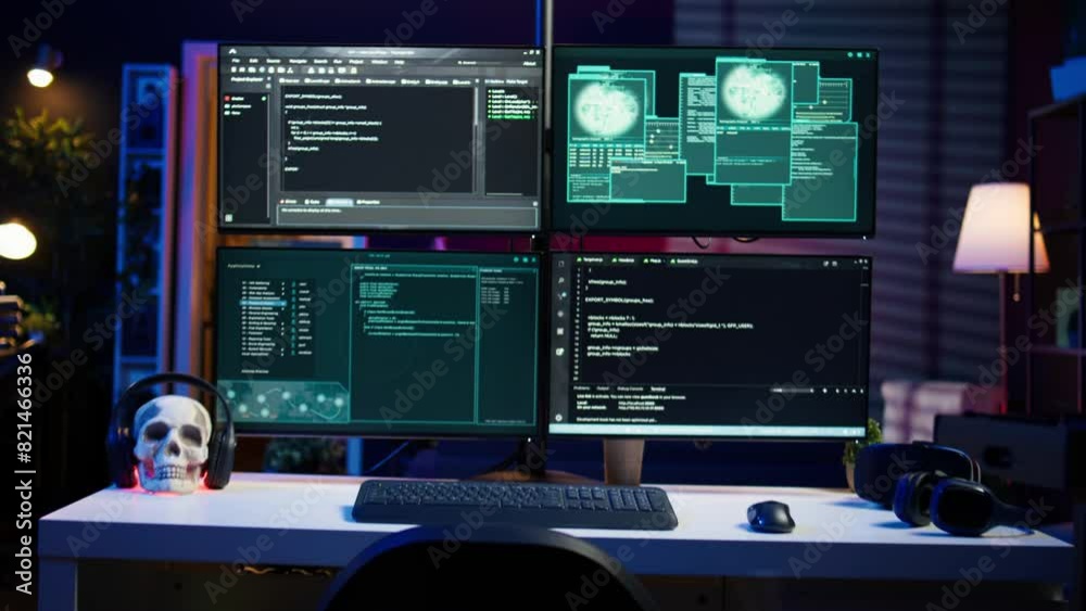 Poster lines of code running on computer monitors in empty room used by cybercriminal stealing sensitive in
