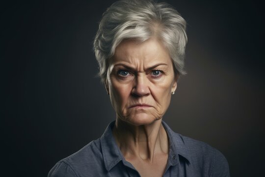 Serious elderly teacher expressing stern emotions in a close-up portrait for educational or emotional emphasis