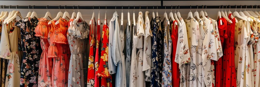 Fashionable womens closet wallpaper showcasing a variety of summer dresses and shirts hanging on hangers. Generative AI