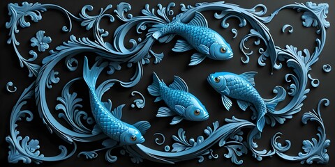wallpaper representing a pattern of blue fish, on a black background with loops and soft curves in relief.