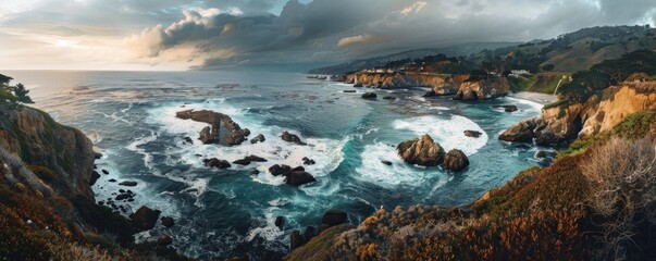 A beautiful ocean view with a rocky shoreline. The sky is cloudy and the water is choppy