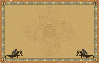 Large Parchment with Medieval Frame, Dragons, Celtic Triskele Swirl Knot