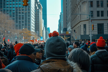 Crowd of spectators at a lively outdoor winter parade, experiencing the joy and excitement of a festive community event.