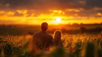 A farmer and young daughter is relaxing at his corn field or maize field at agriculture farm after work.