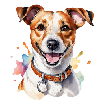recommend clip art: Watercolor portrait of cute dog jack russell terrier. Happy dog illustration with splashes of paint. Png isolated clipart on transparent background