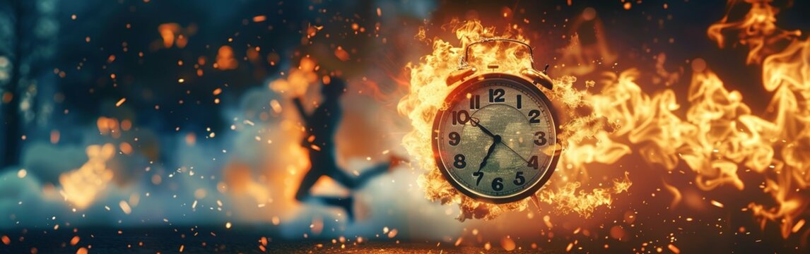 Clock on fire times burning end in fiery clock Running after time, alarm clock burning in fire, exploding rush hour
