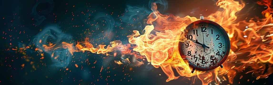 Clock on fire times burning end in fiery clock Running after time, alarm clock burning in fire, exploding rush hour