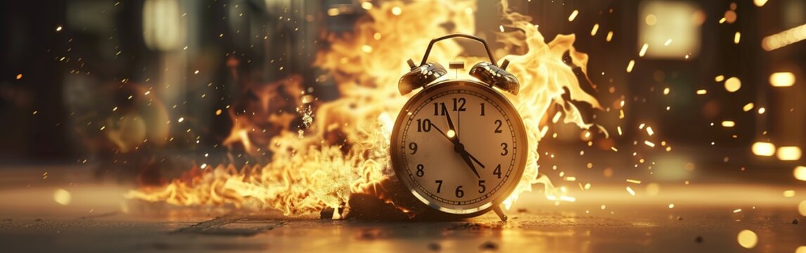 Clock on fire times burning end in fiery clock Running after time, alarm clock burning in fire, exploding rush hour