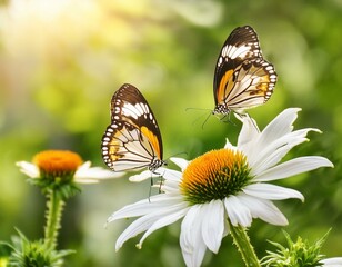 Obraz premium Beautiful butterflies gracefully float on white flowers, amidst lush green nature, under a bright sunlit sky