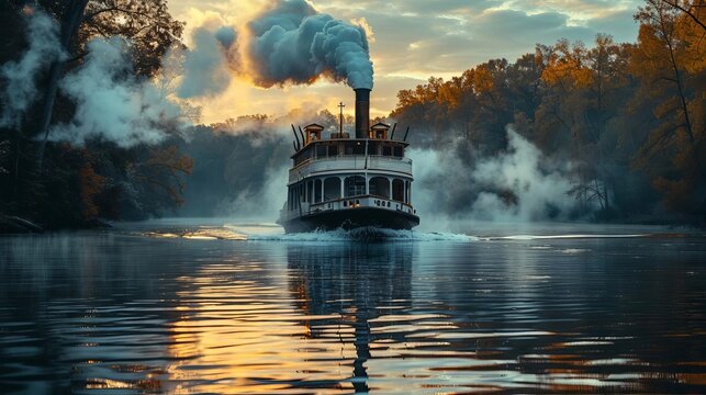 A vintage steamboat cruising down a river, with steam billowing from its smokestack