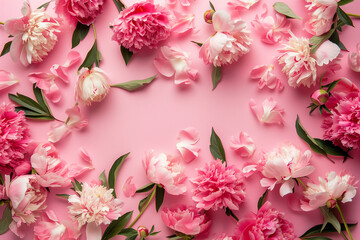 cornice di fiori di peonia su sfondo rosa 