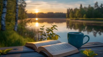 Fototapeta premium An open book and a coffee cup are placed on a wooden table next to a beautiful river view in dusk time as a background with a relaxed ambience. Background for relaxation, vacation and rest time.